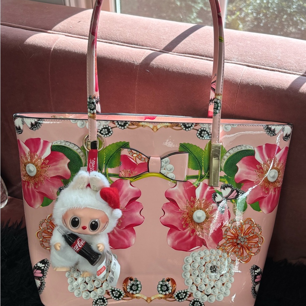 Gorgeous FLORAL Peonies + Pearls Celebration Large Pink Tote satchel Bag w BOW - Picture 4 of 13